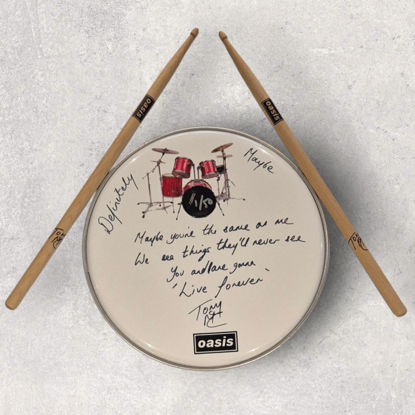 LIVE FOREVER - LTD to 50 - Signed & Numbered WHITE Drum Skin & Sticks